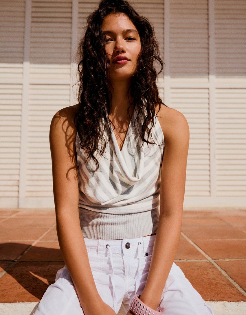 Gedrapeerde gestreepte top-Ecru