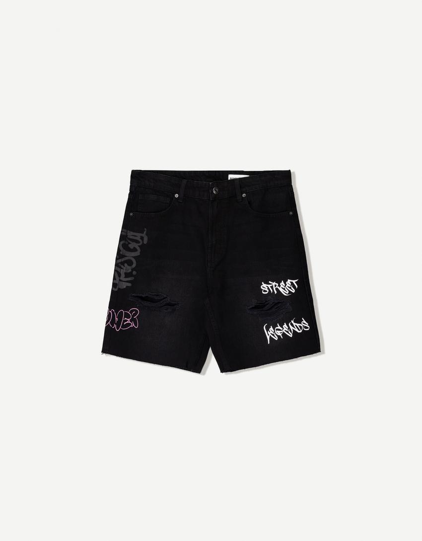 Printed denim Bermuda shorts-Black