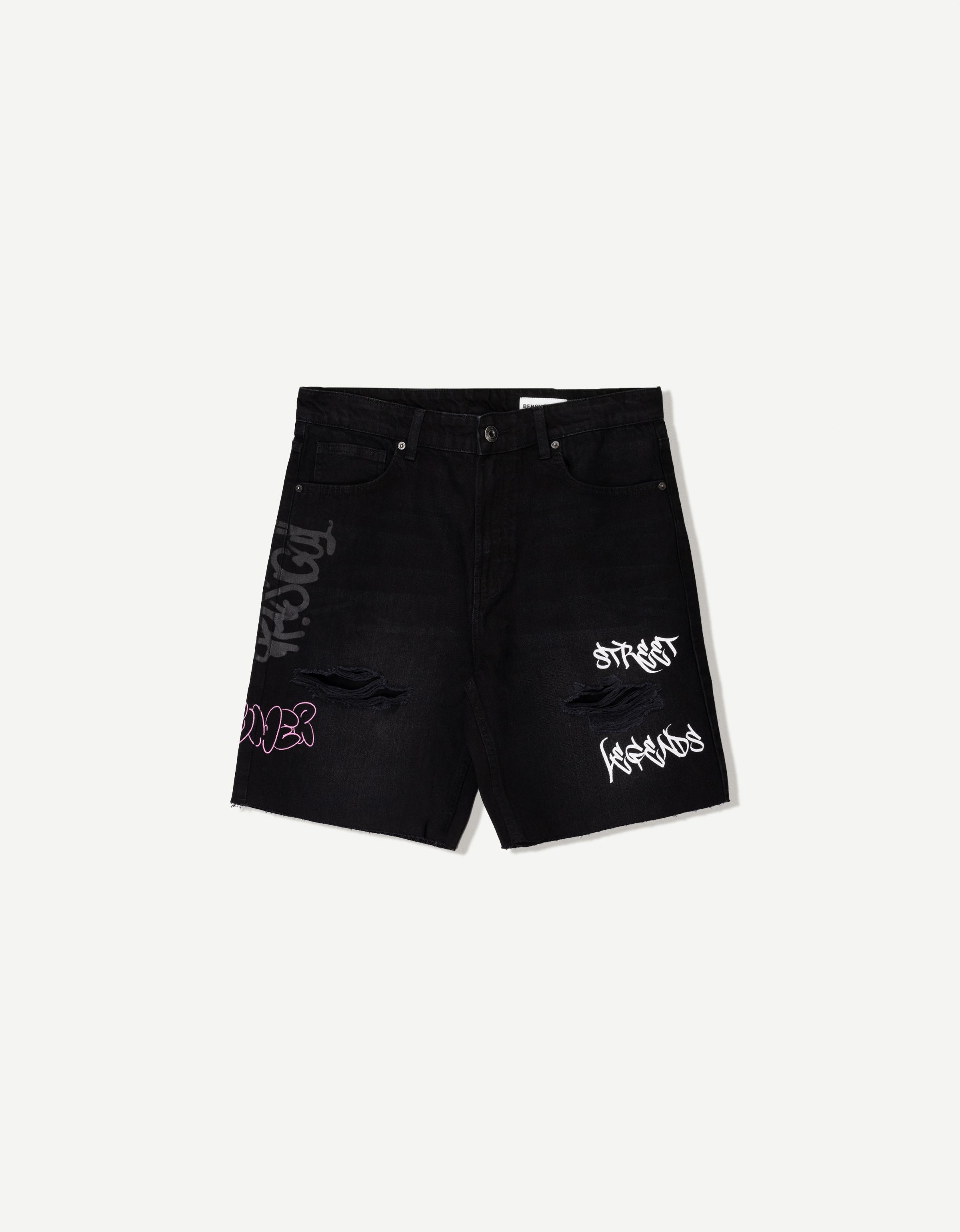Thumbnail - Bershka Denim-Bermudas Mit Print Herren 36 Schwarz