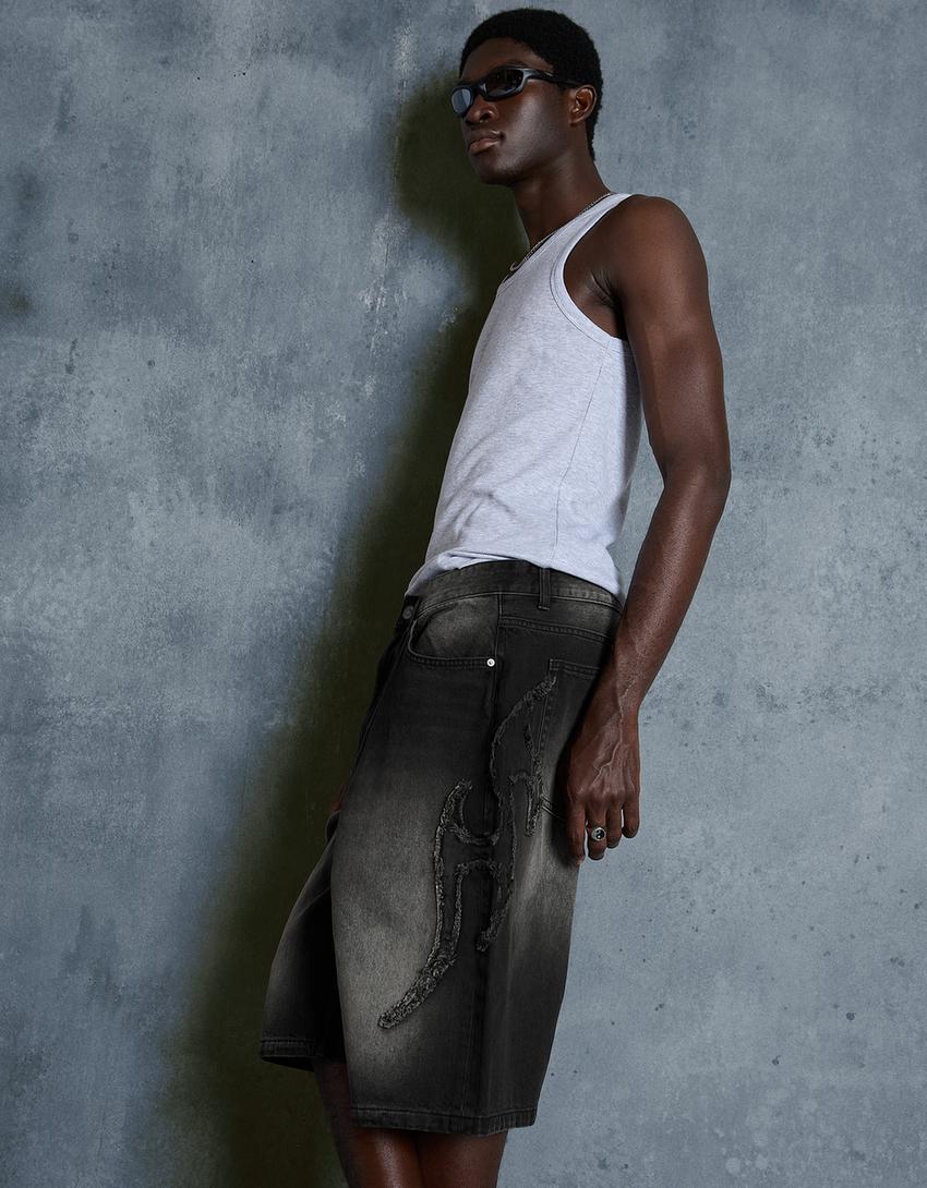 Yamalı baggy fit bermuda-Siyah