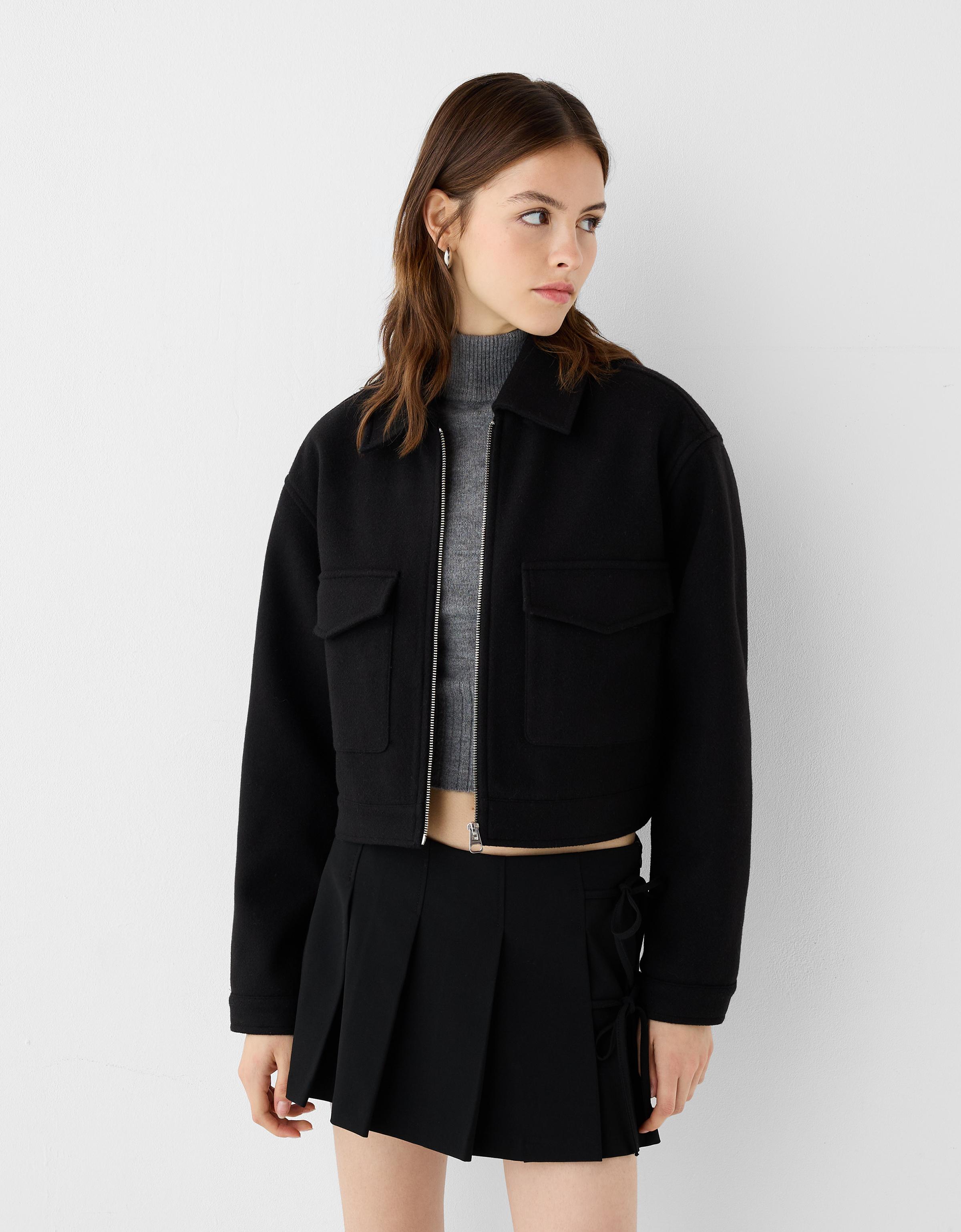 Bershka Cropped Soft Jacke Damen S Schwarz
