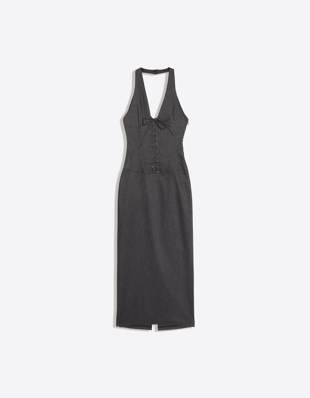 Twill halter midi dress — Dark blue