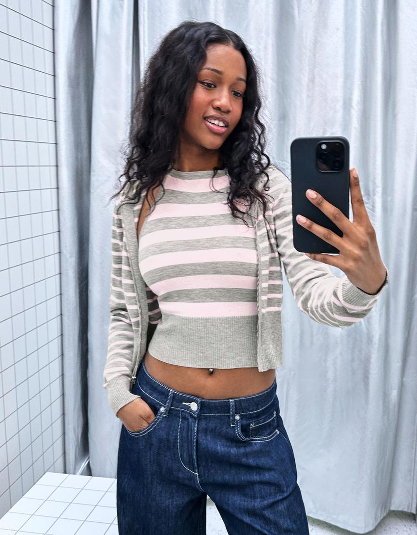 Zip-up striped hoodie-Pink