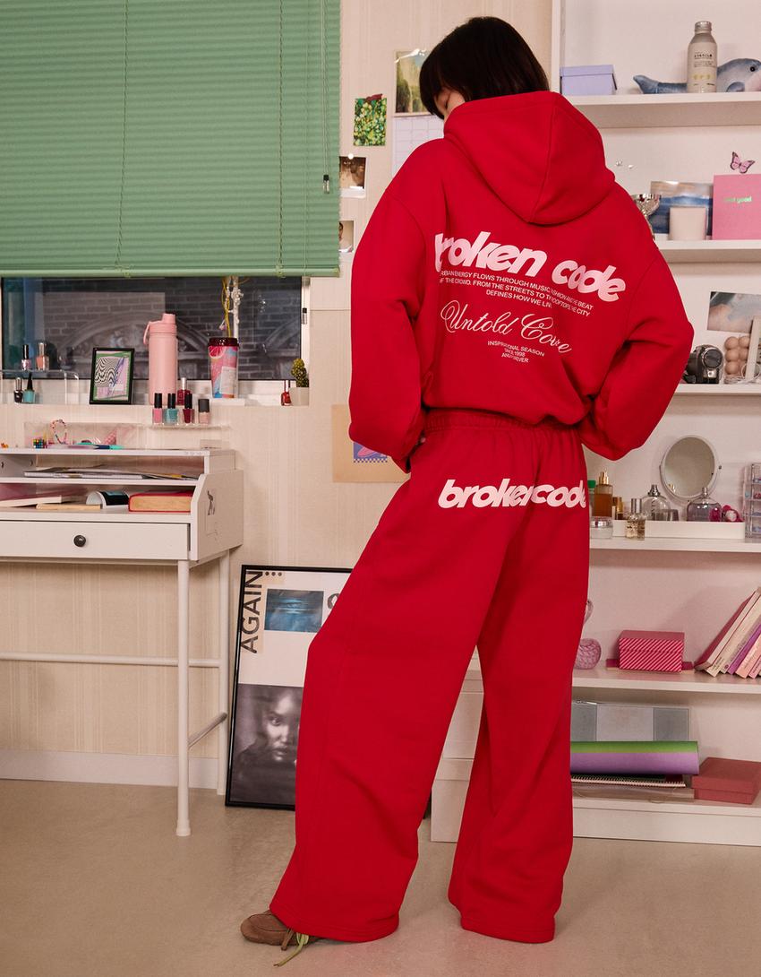 Printed wide-leg plush trousers-Red