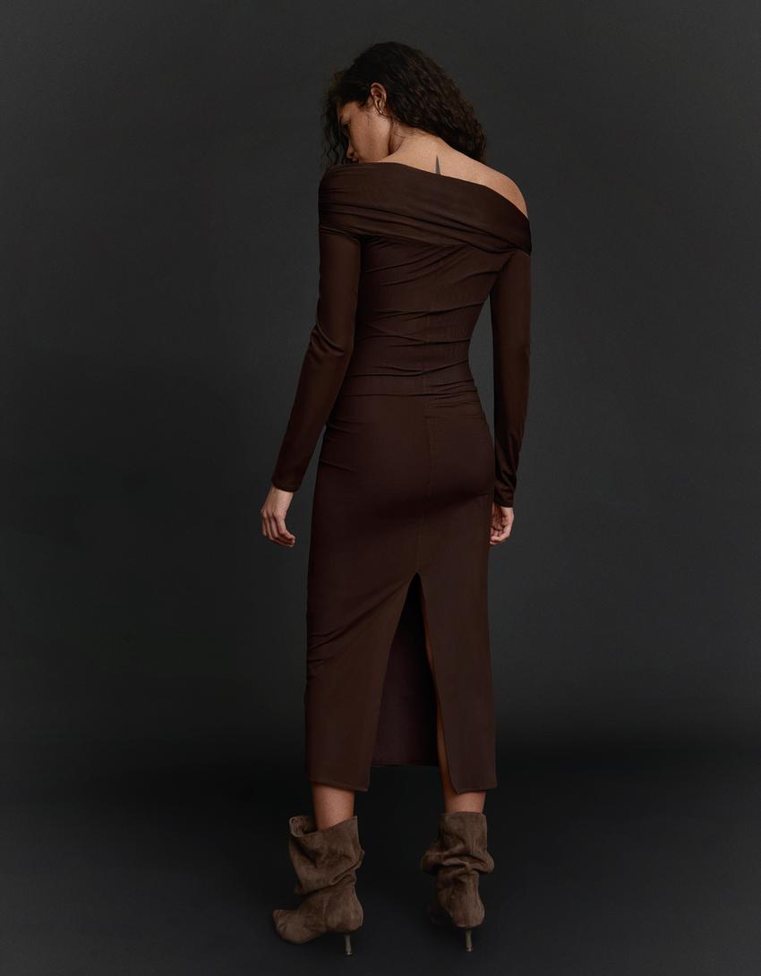 Robe midi manches longues tulle nœuds-Marron