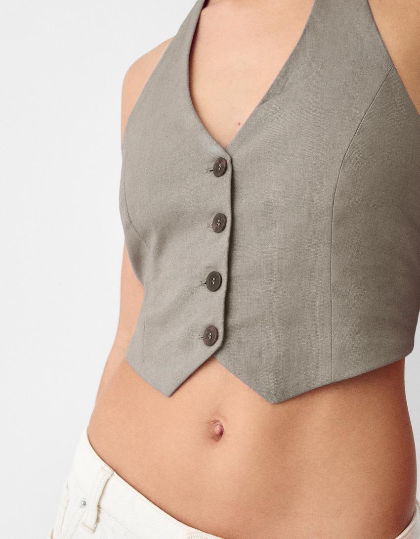 Gilet sans manches lin encolure américaine-Kaki-5