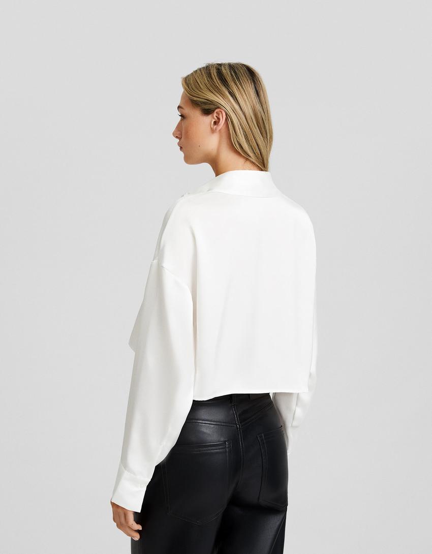 Satin long sleeve cropped shirt-Cream-1