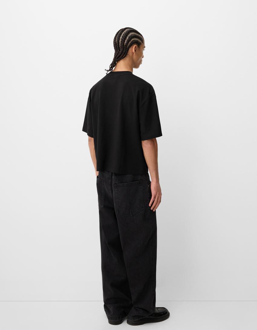 Short sleeve cropped piqué T-shirt-Black-1