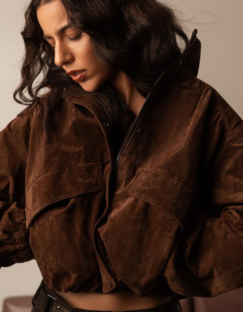 Lederjacke mit Taschen-Braun