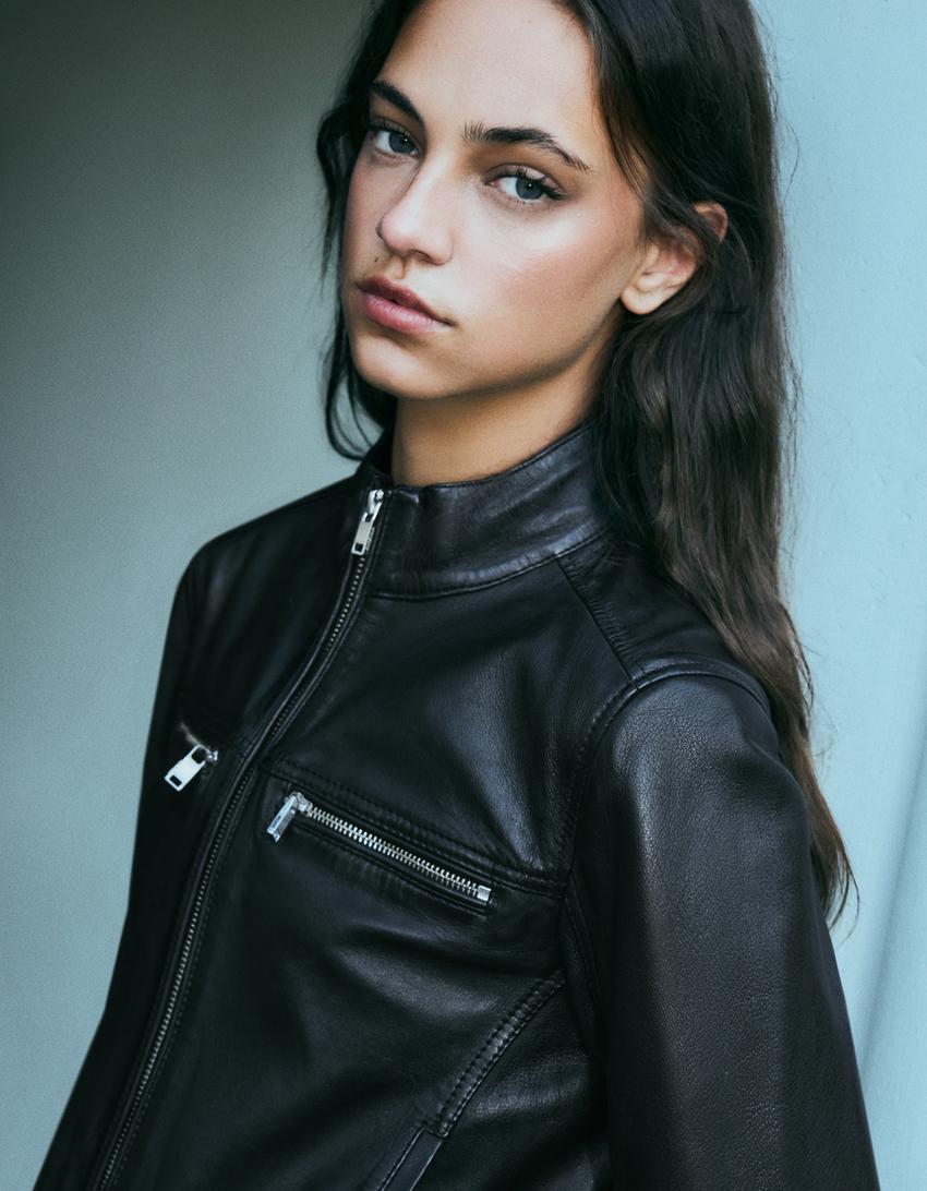 Leather zip biker jacket-Black