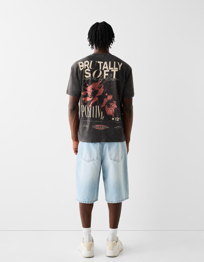 T-shirt manches courtes boxy effet délavé imprimé-Gris-1