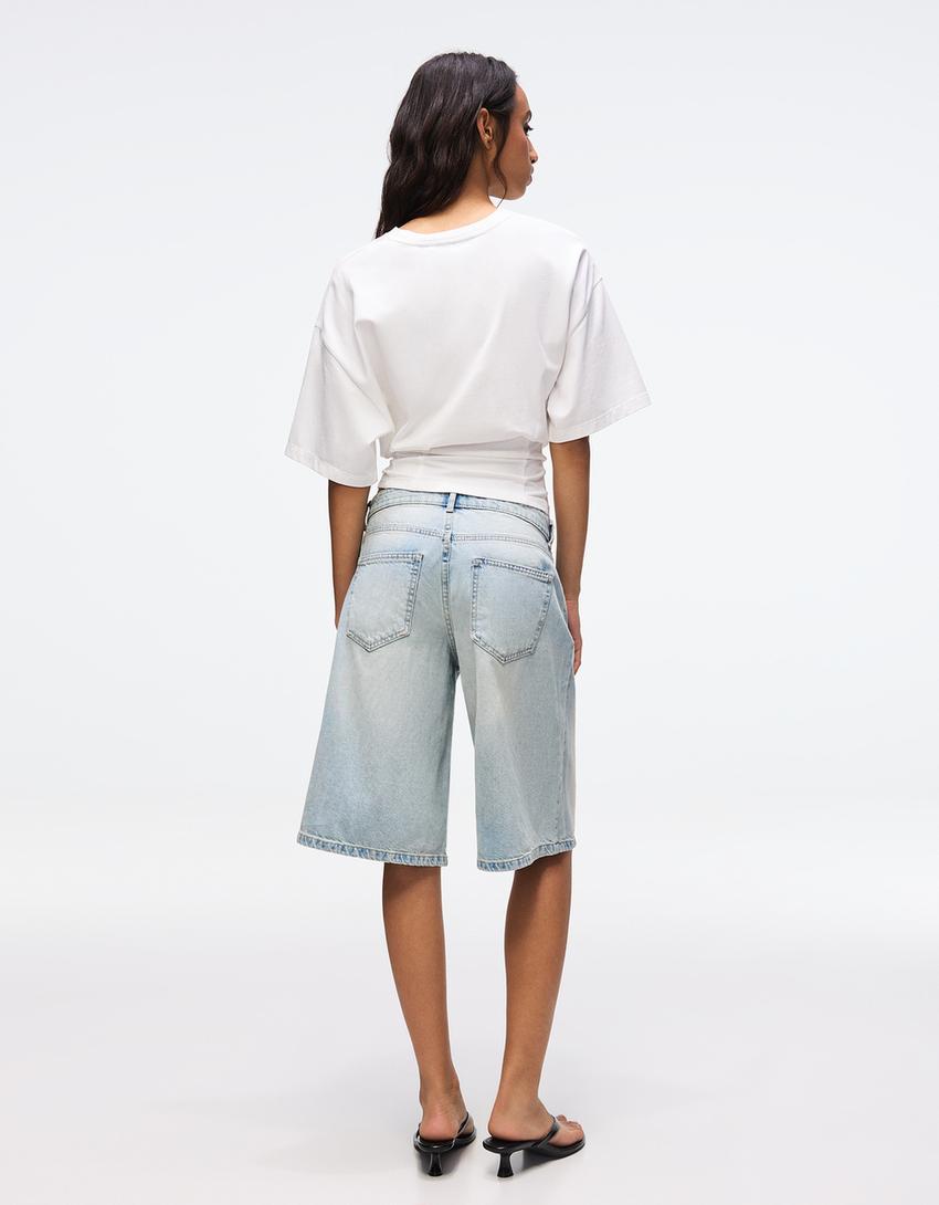 Baggy denim jort Bermuda shorts-Light blue
