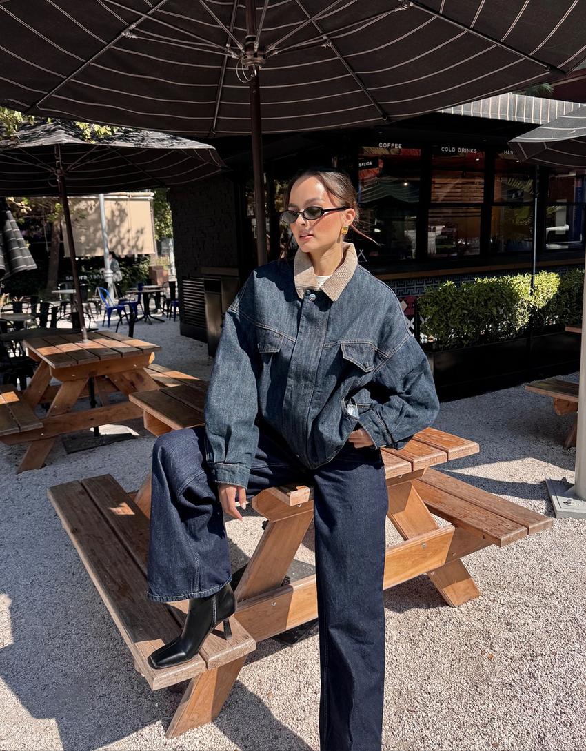 Oversize denim jacket with contrast collar-Navy