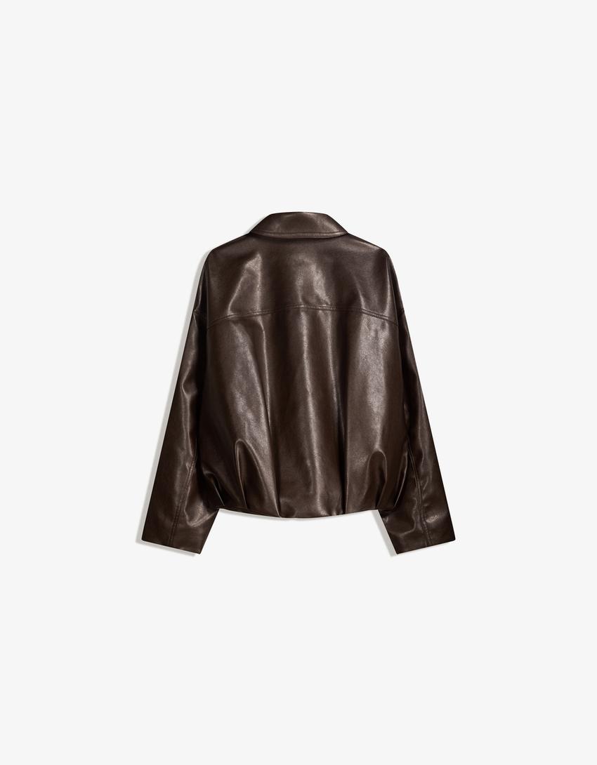 Faux leather bomber jacket with belt-Brown-4