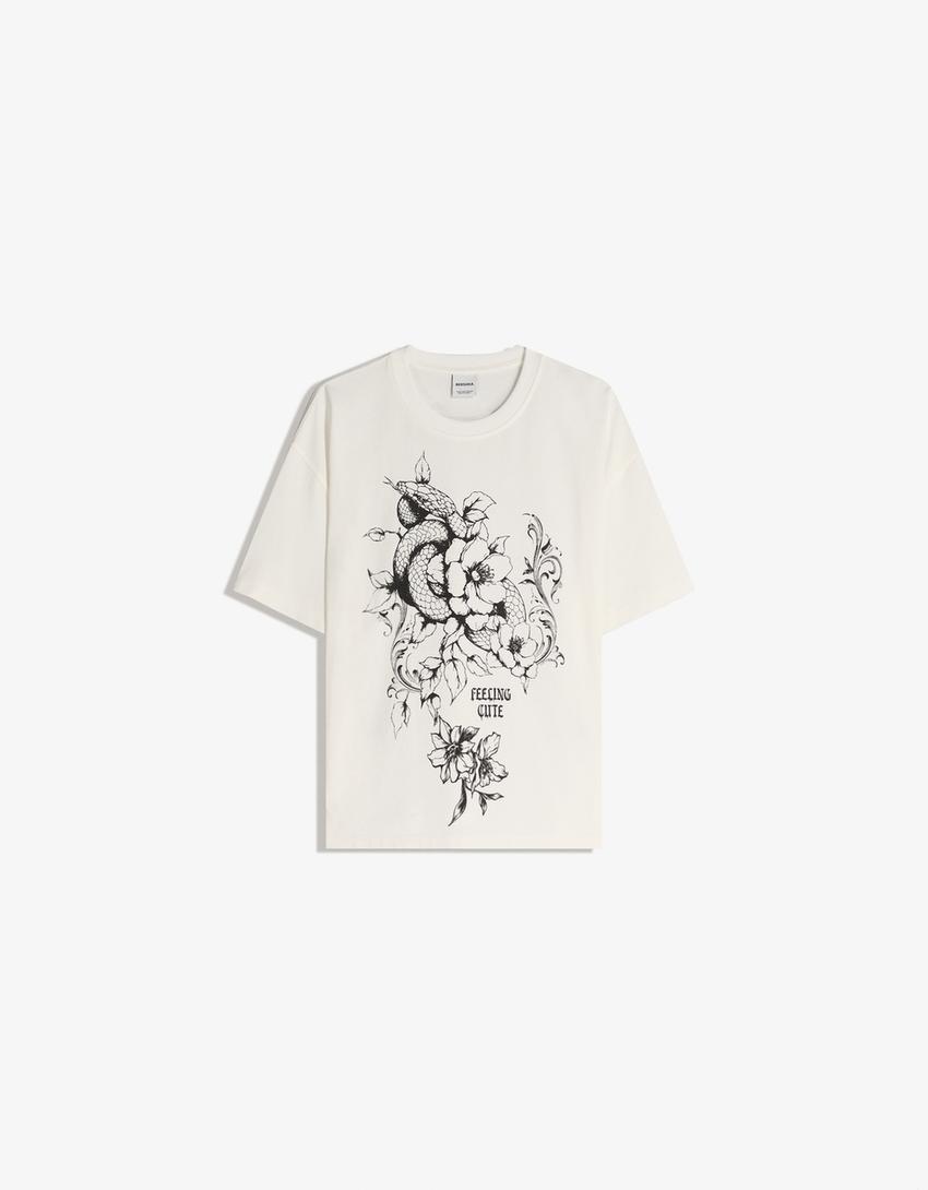 Oversized T-shirt met print en korte mouw-Ecru