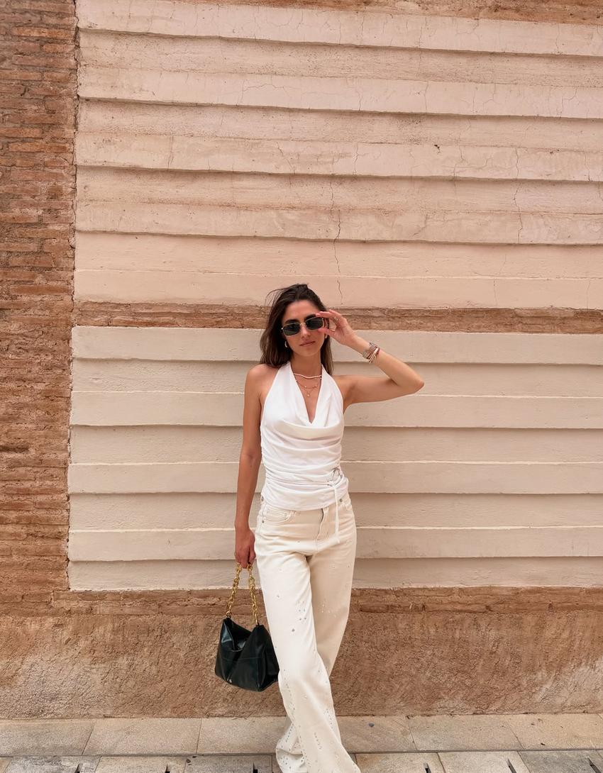 Straight wide leg jeans met stras-Ecru-3