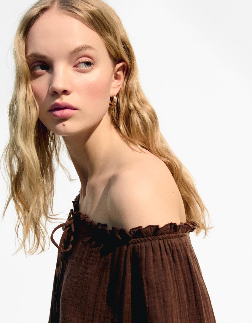 Bluse mit fallender Schulternaht und Schnürung-Braun-2