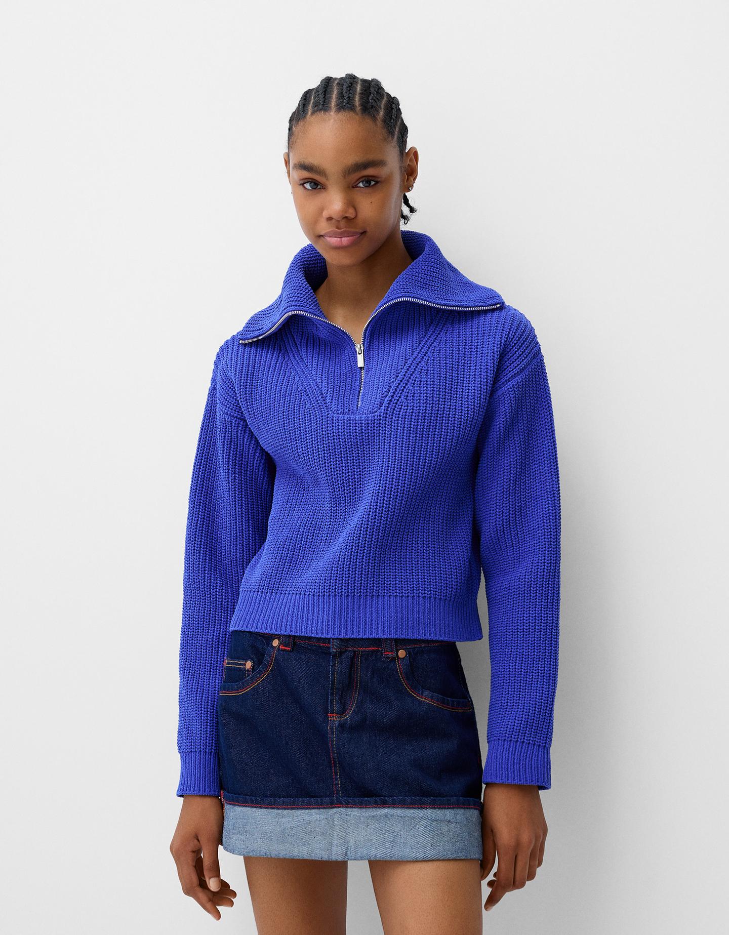 Bershka Jersey Cuello Alto Cremallera Mujer M Azul