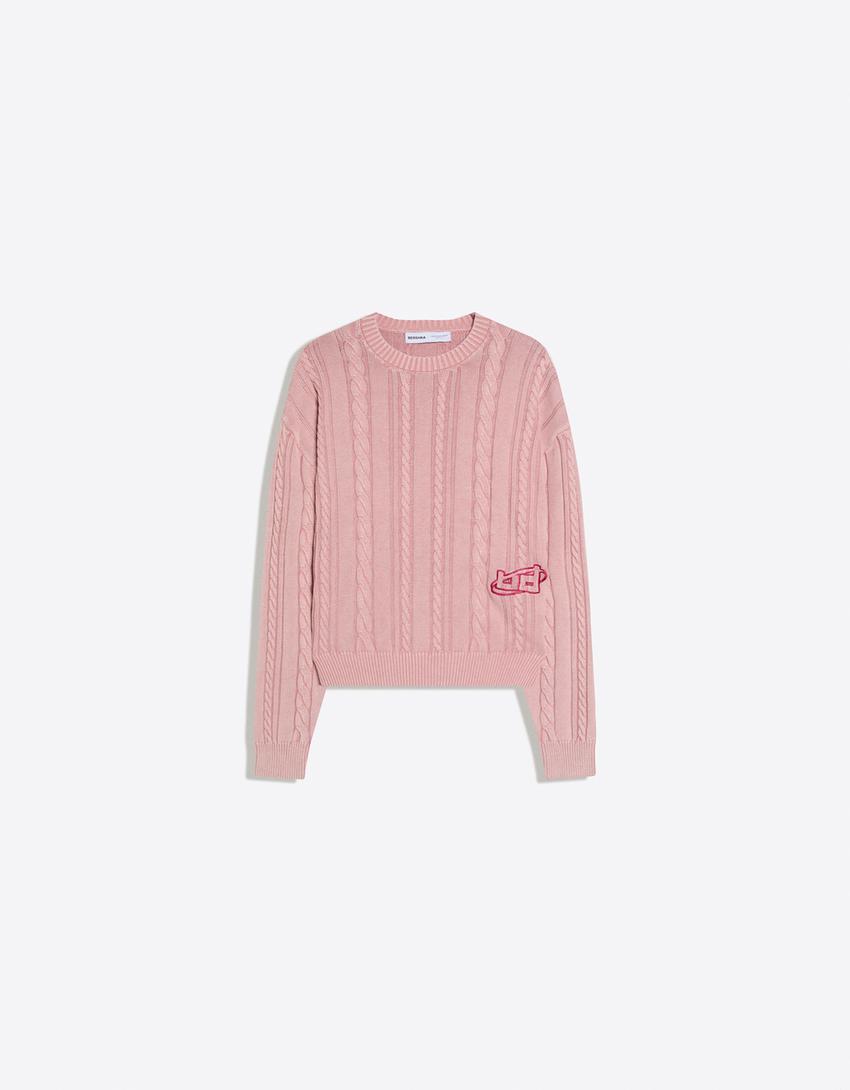 Cable-knit crew neck sweater-Pink