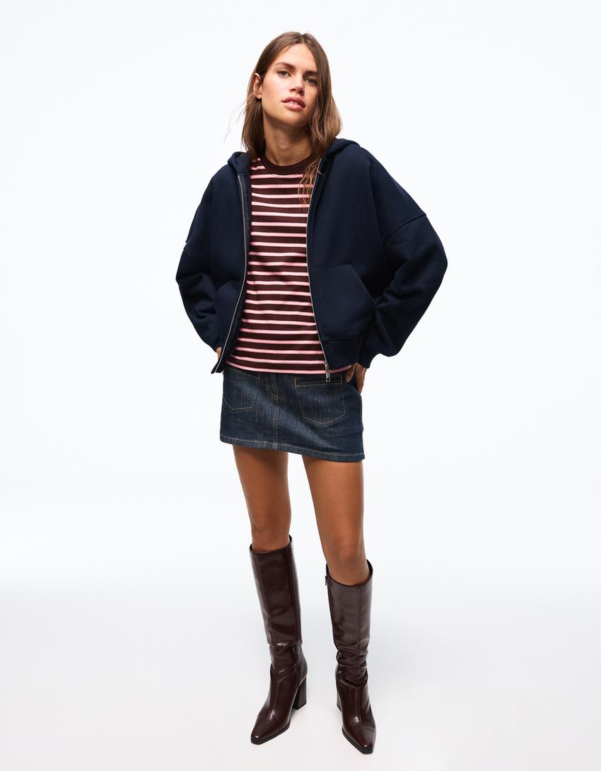 Kapüşonlu oversize fermuarlı sweatshirt-Denizci mavisi