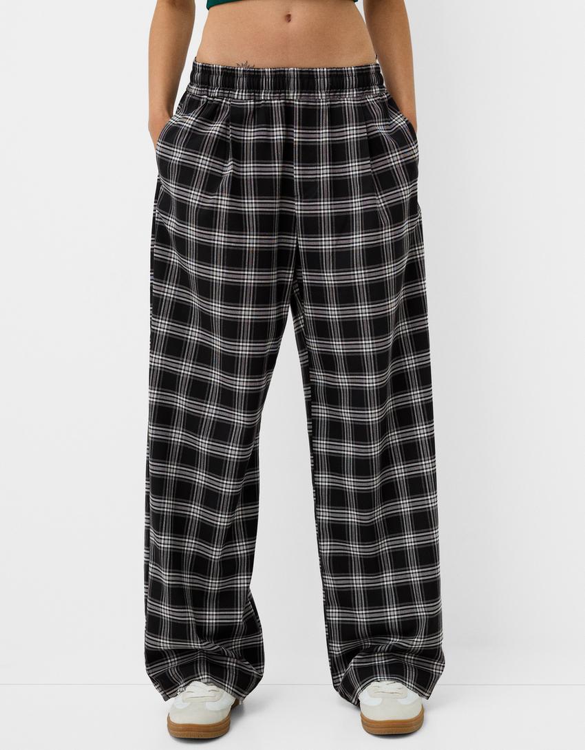 سروال بقصة مستقيمة ونقشة مربعات-أسود-1