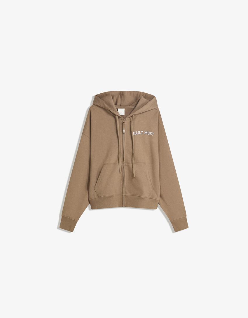 Sudadera cremallera capucha bordado-Camel-1