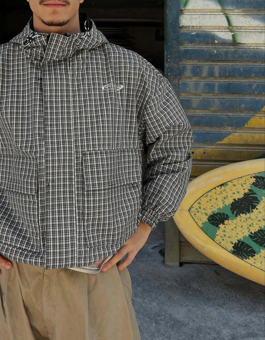 Oversize kareli teknik ceket-Açık mavi