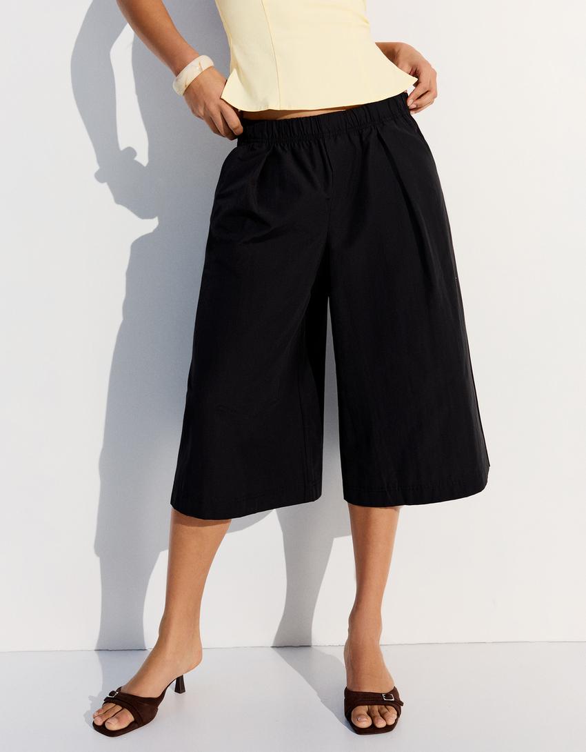 Lastikli belli culotte bermuda-Siyah