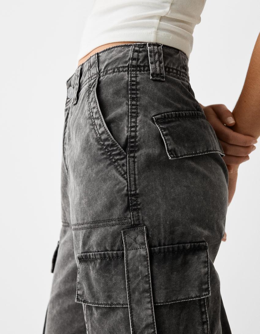 Cotton cargo trousers with straps-Grey