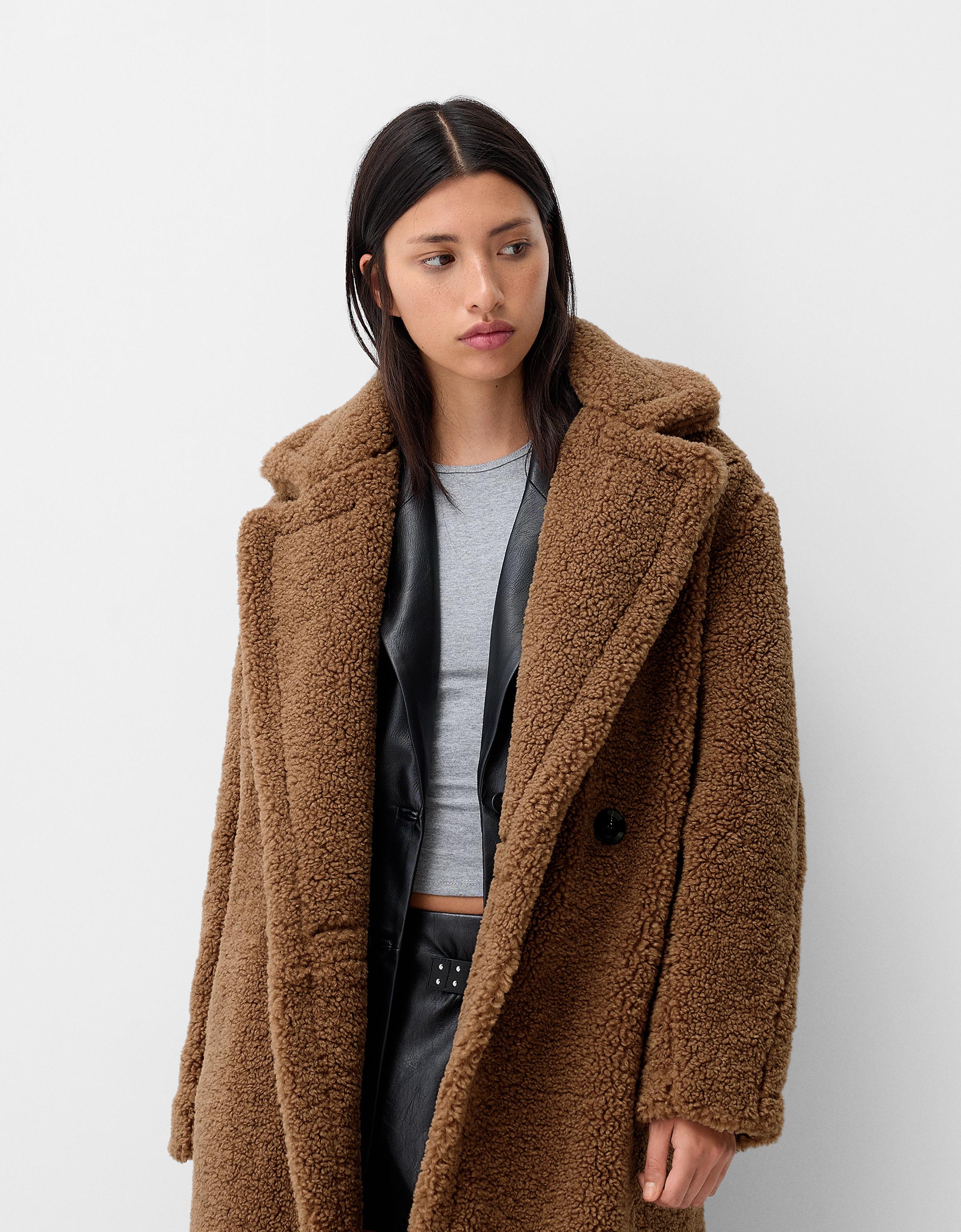 Bershka Langer Mantel Aus Lammfellimitat Damen Xs Camel