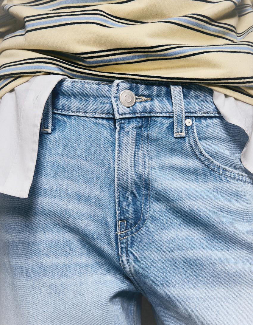 Straight-fit high-waist wide-leg jeans with turn-up hems-Light blue