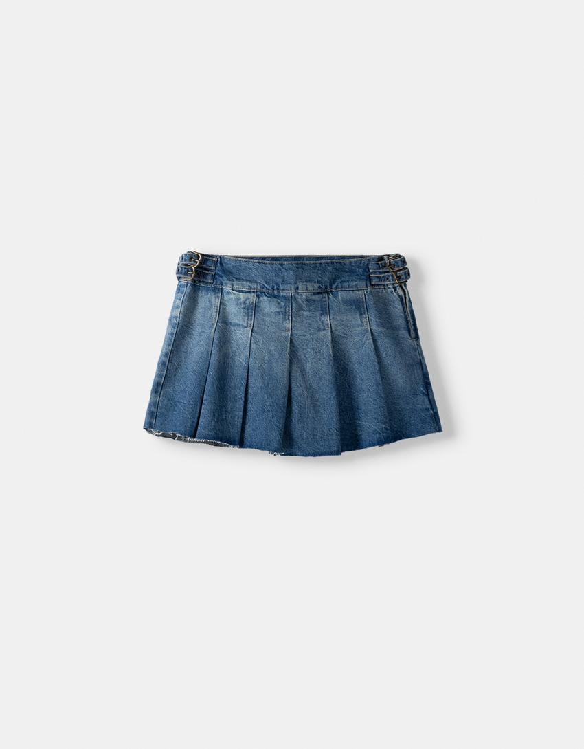 Minijupe-culotte denim plissée-Bleu lavé-4