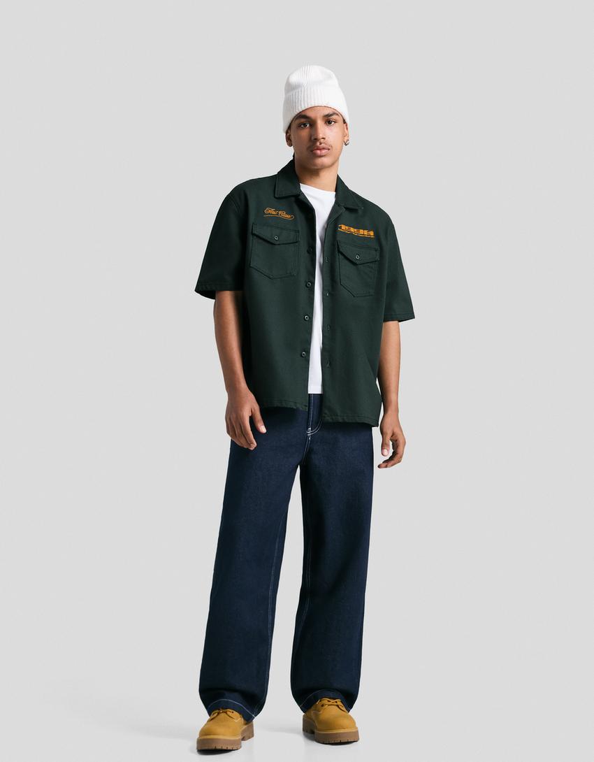 Camisa manga corta boxy bordado-Verde