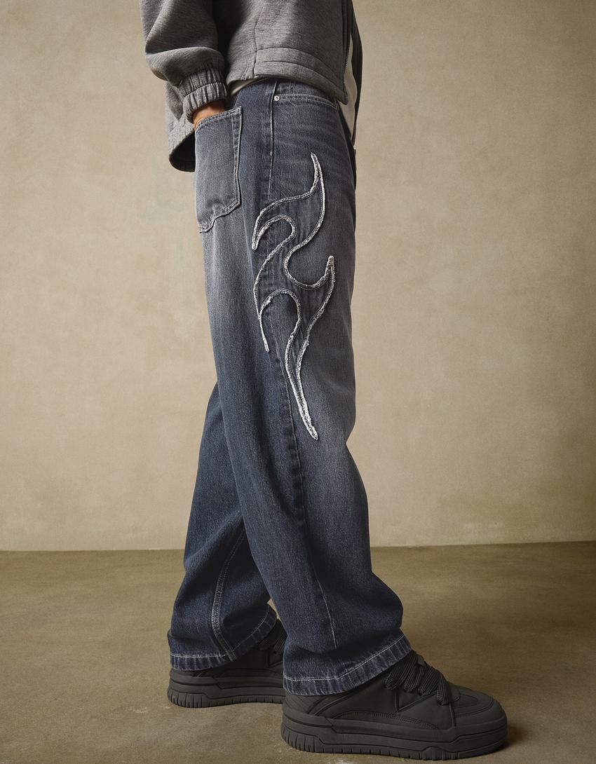 Jeans baggy fit con toppa-Blu