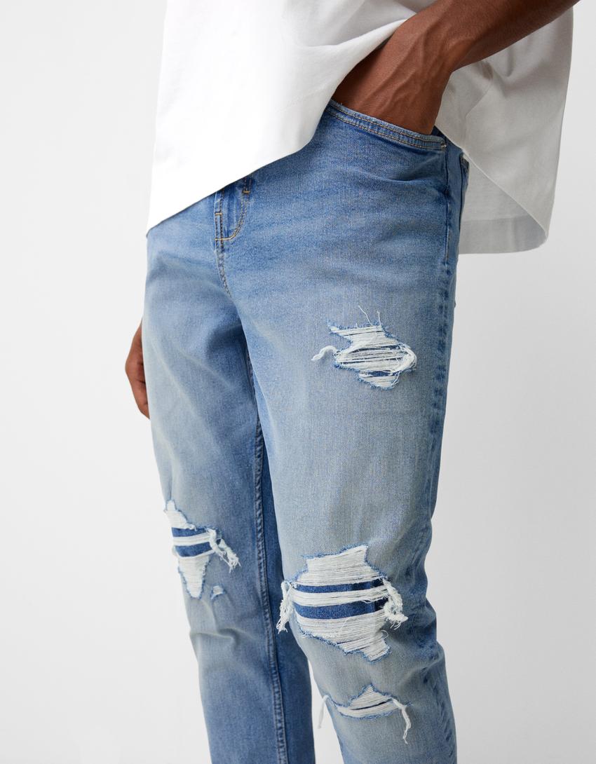 Jeans carrot fit déchiré-Bleu lavé-3