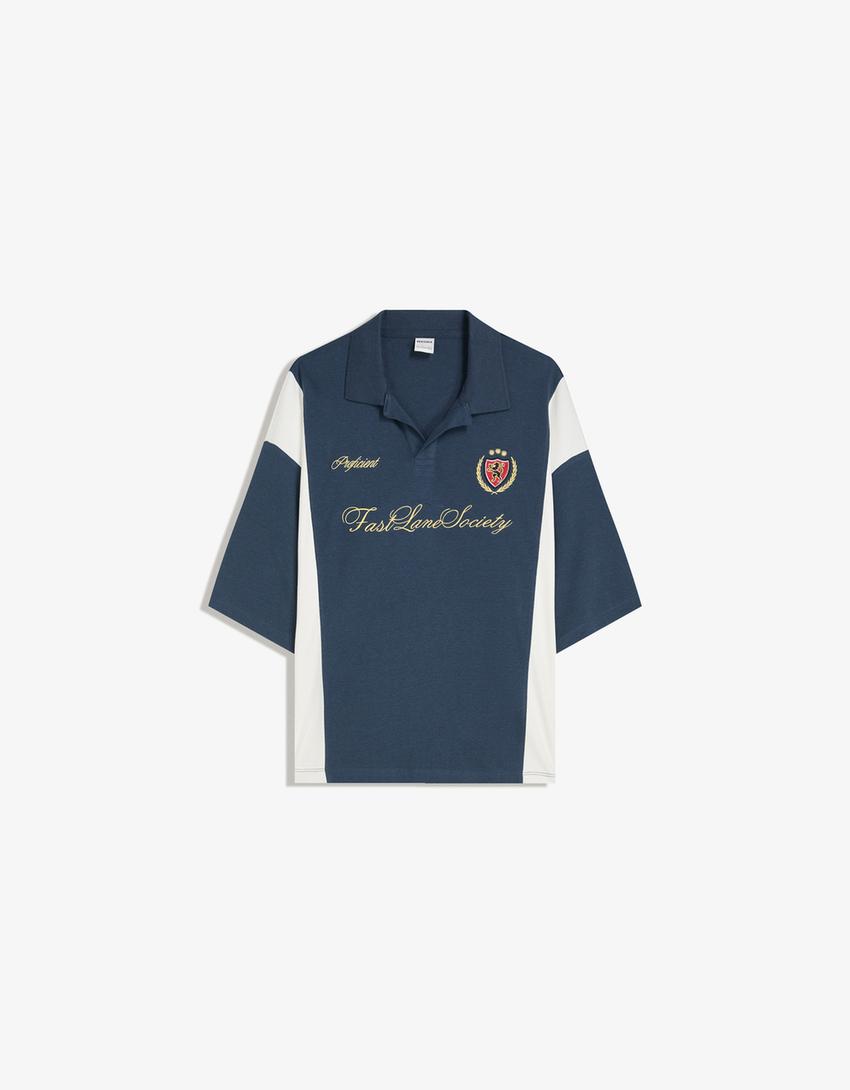 Printed short-sleeve boxy-fit polo shirt-Blue-4
