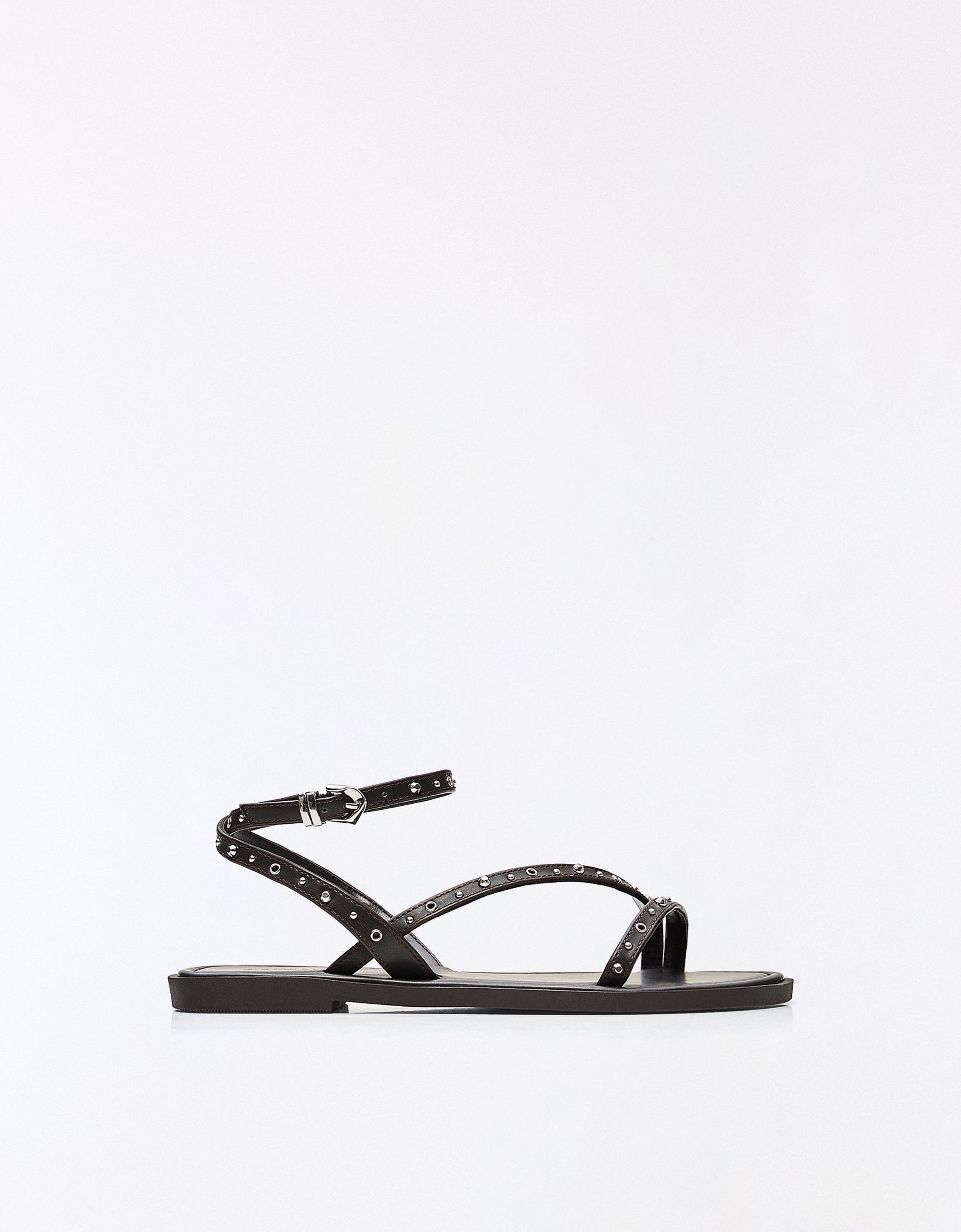 MULTISTRAP STUDDED FLAT SANDALS — Brown