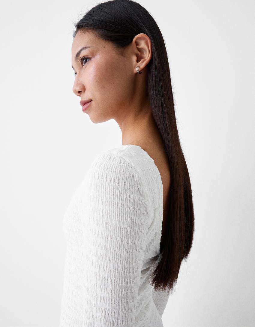 Waffle-knit long sleeve mini dress-Cream