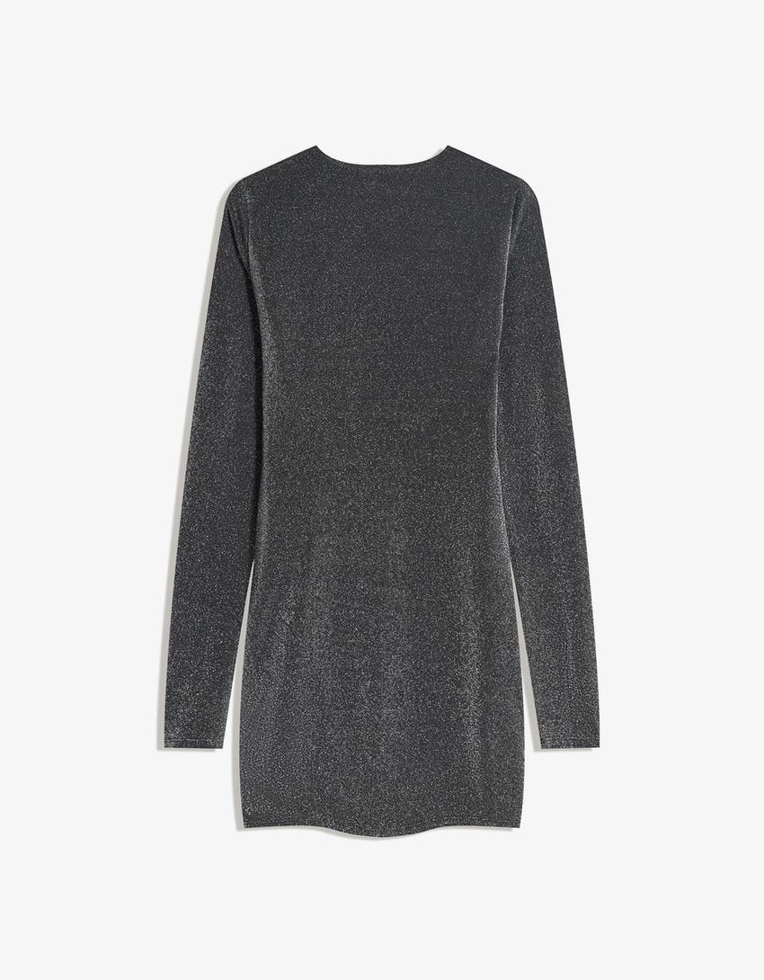 Shimmery ruched long sleeve mini dress-Silver