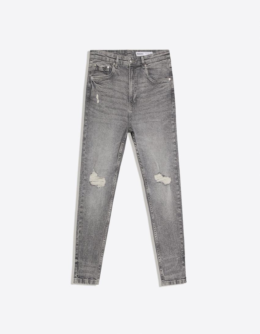 Carrot fit jeans met scheuren-Grijs