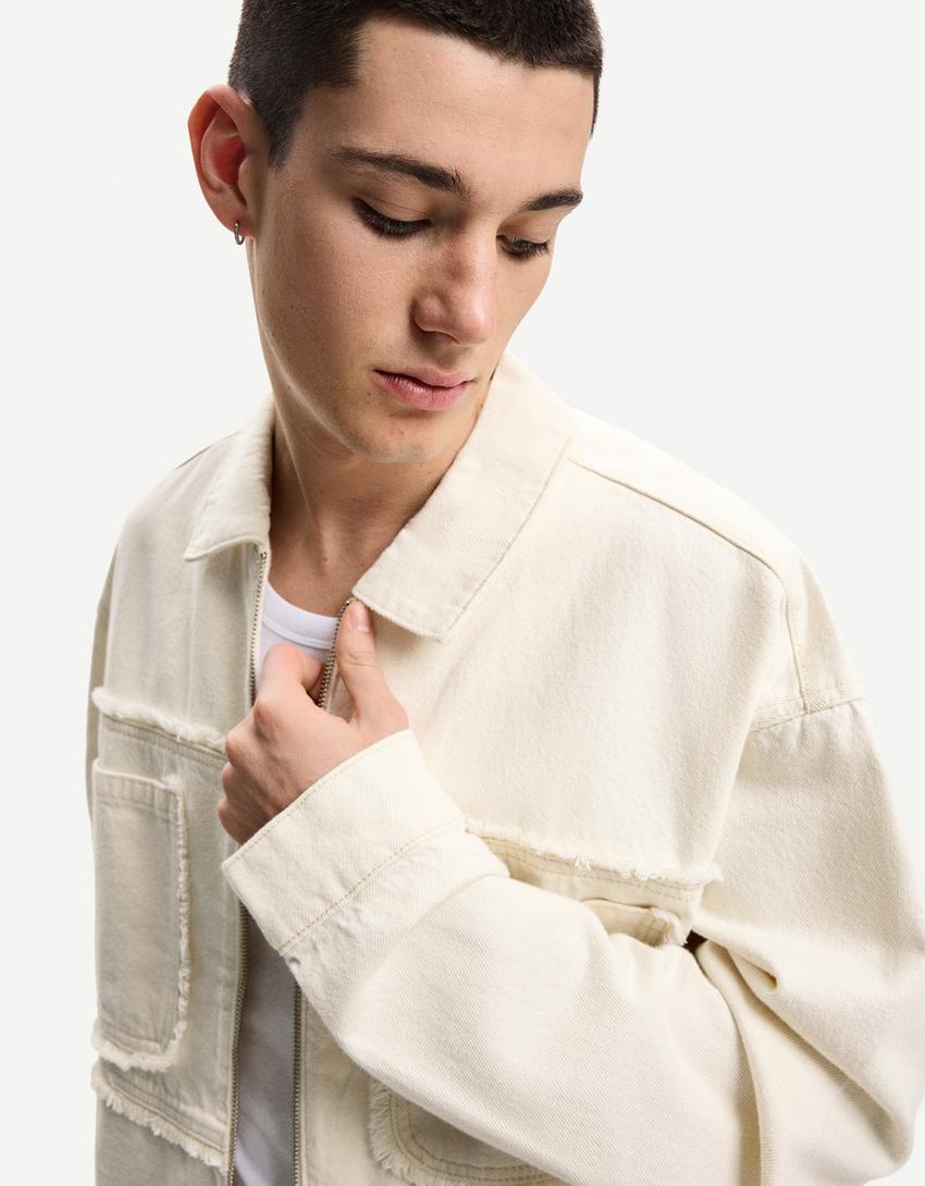 Oversize-Jeansjacke mit Fransen-Rohweiß-2