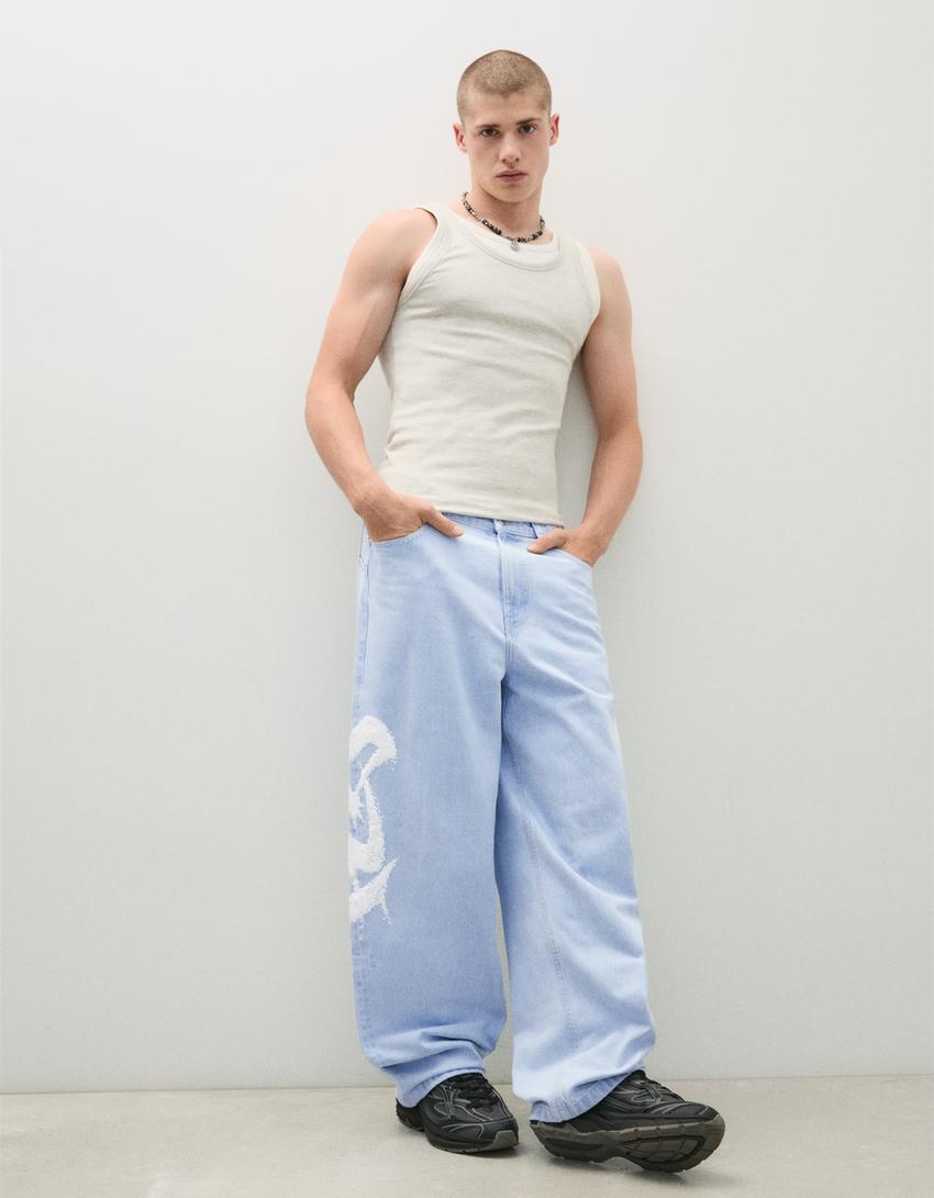 Jeans super baggy fit stampa laterale-Azzurro Chiaro