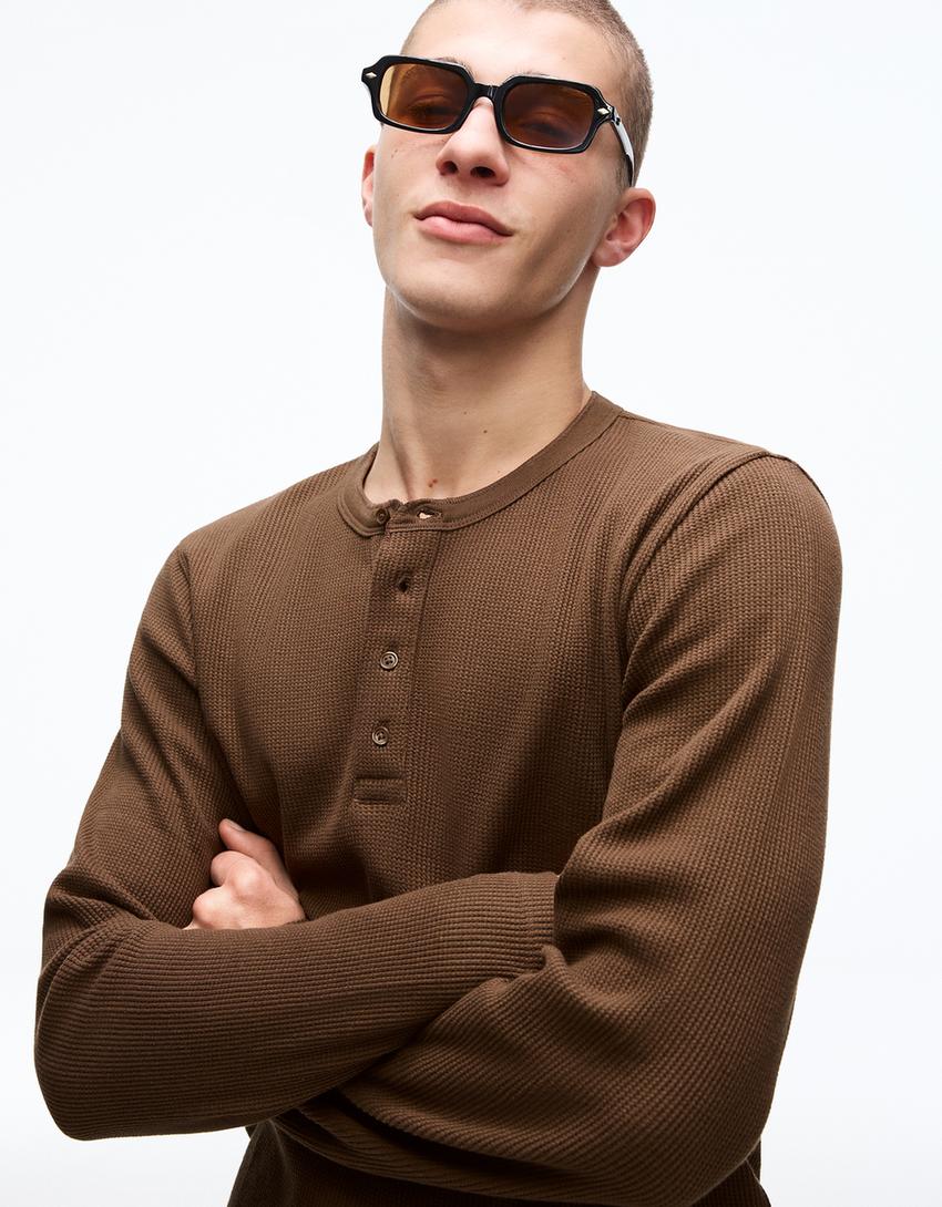 Uzun kollu henley slim fit tişört-Kahverengi