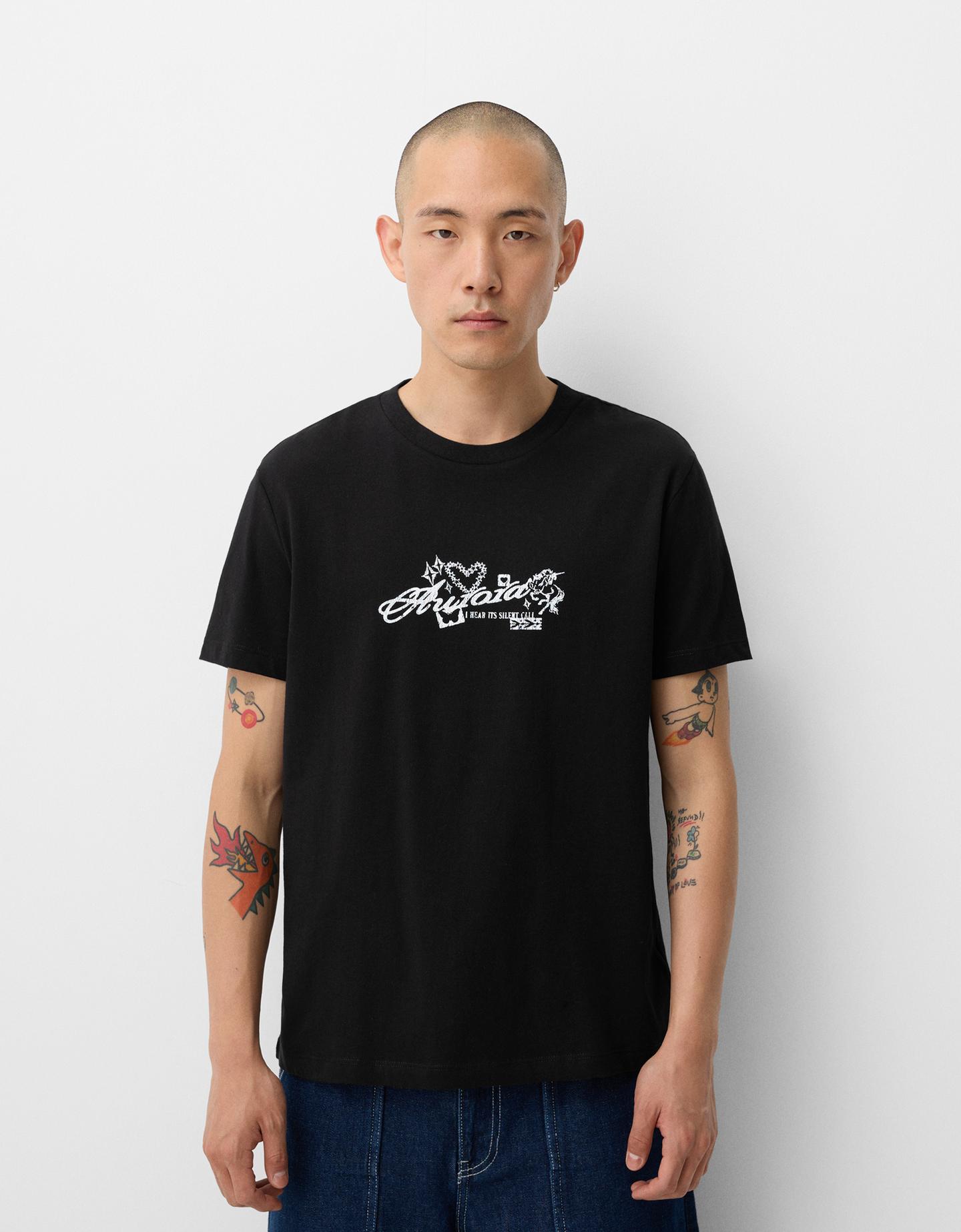 Bershka Camiseta Manga Corta Regular Print Hombre L Negro