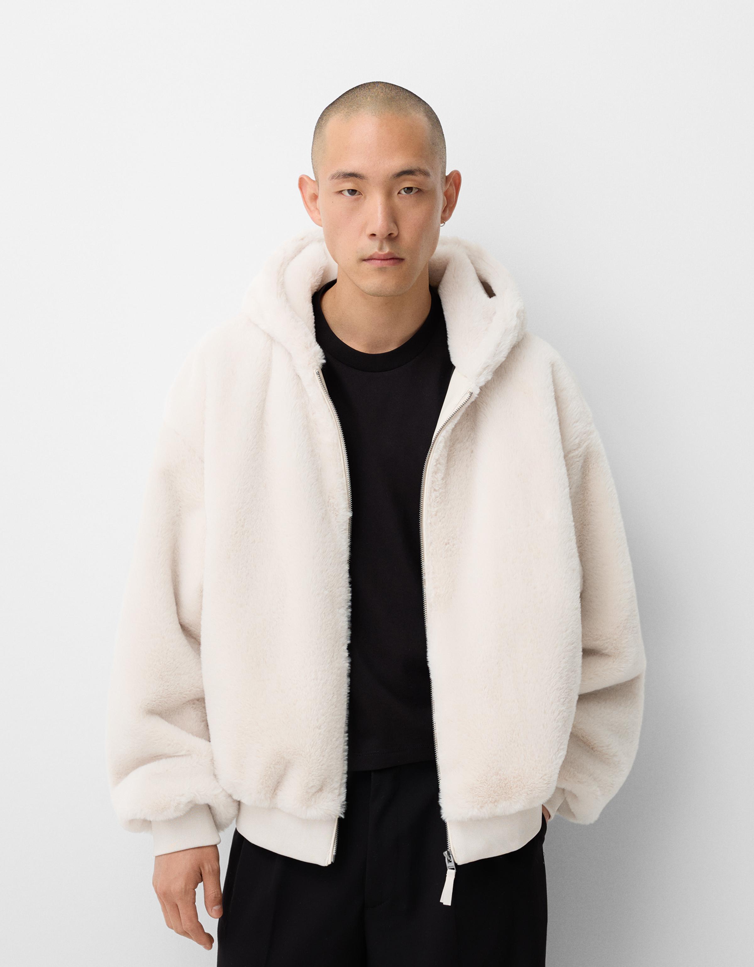 Hooded faux fur jacket Jackets and coats Men Bershka