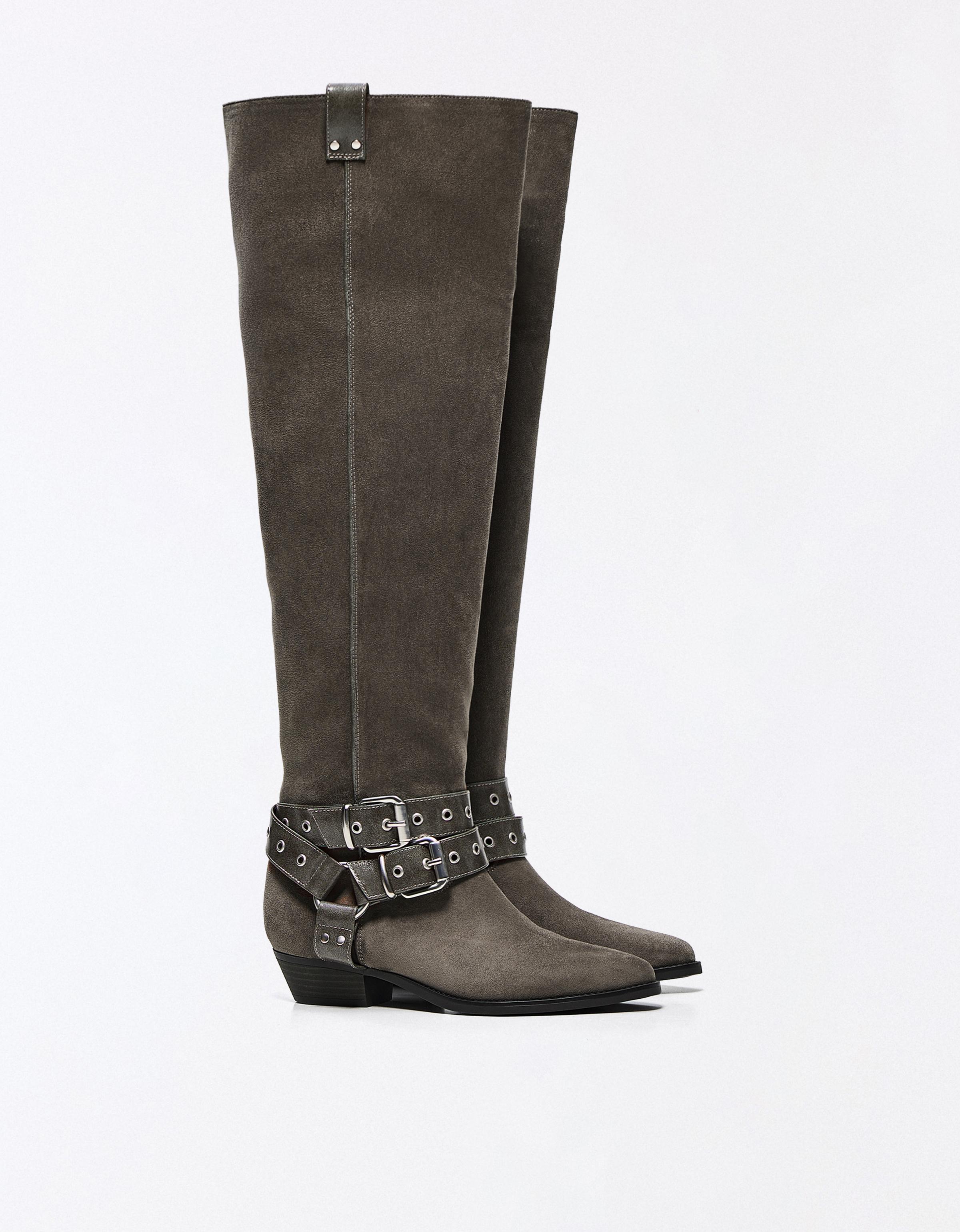 FLAT SLOUCHY BIKER BOOTS — Grey