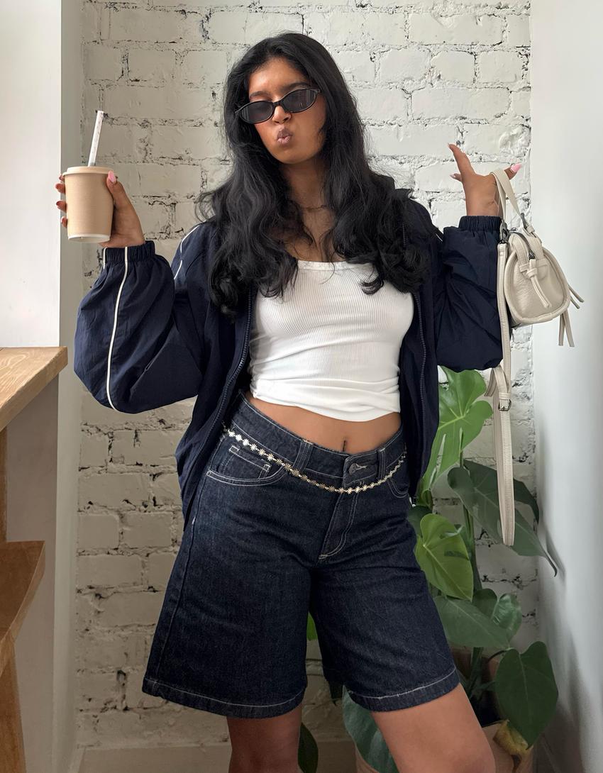 Baggy fit denim bermuda-Denizci mavisi