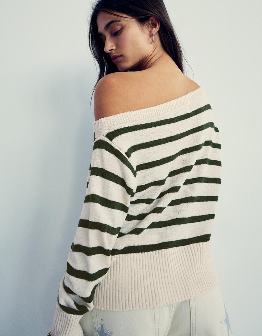 Rustic striped asymmetric sweater-Green