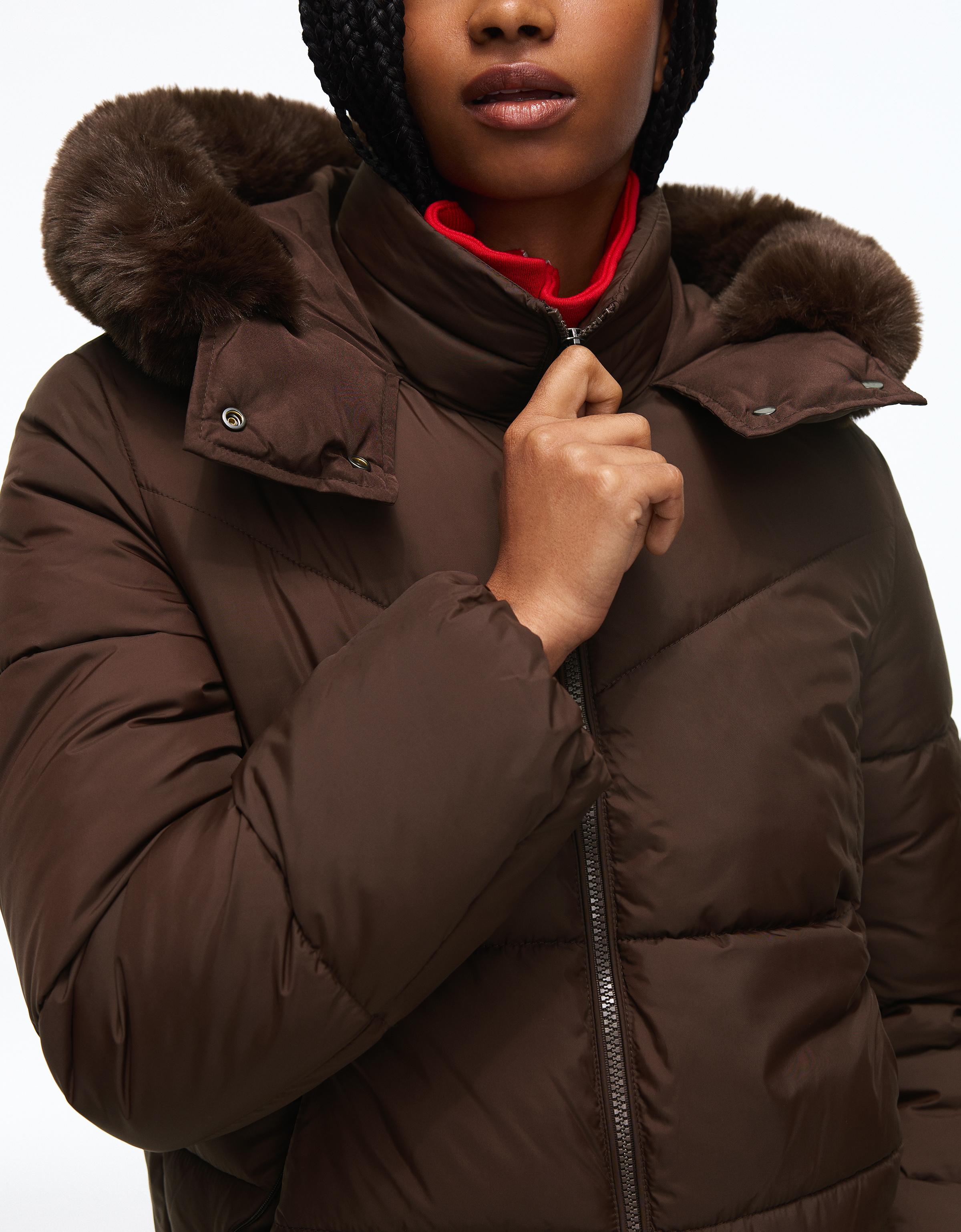 Padded jacket with fur hood — Brown