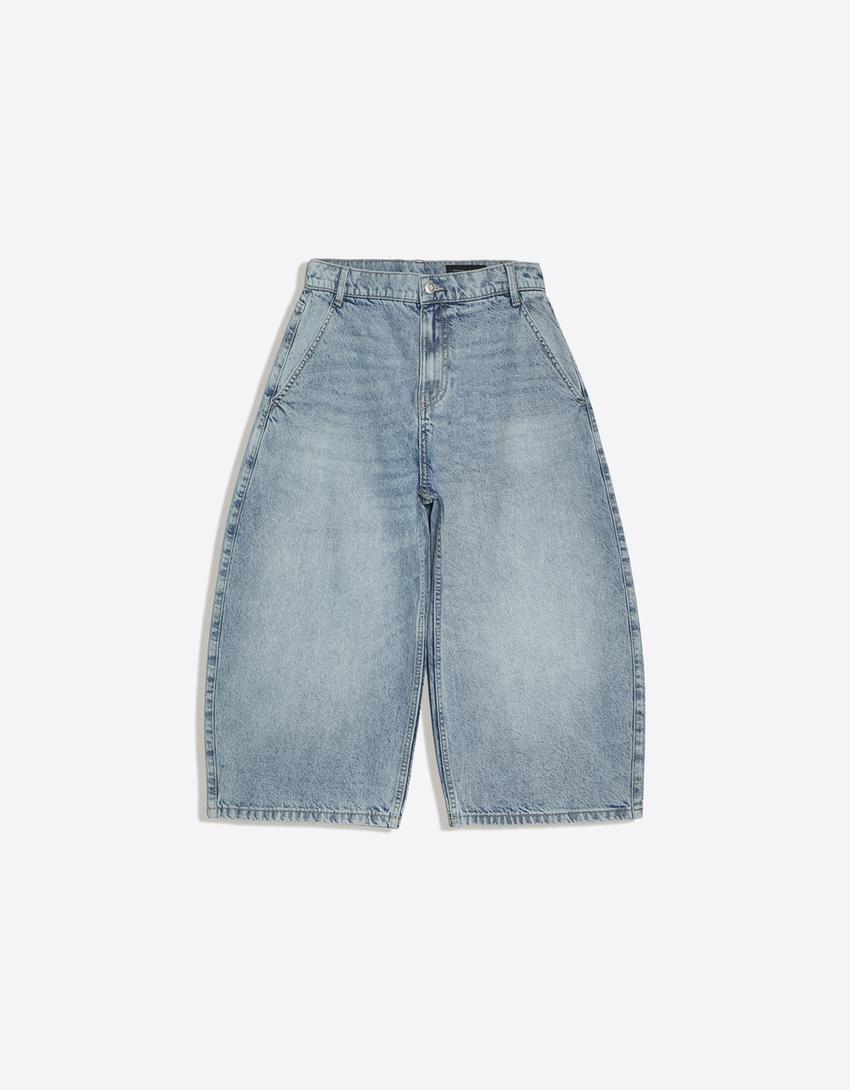 Slouchy denim bermuda şort-Açık mavi